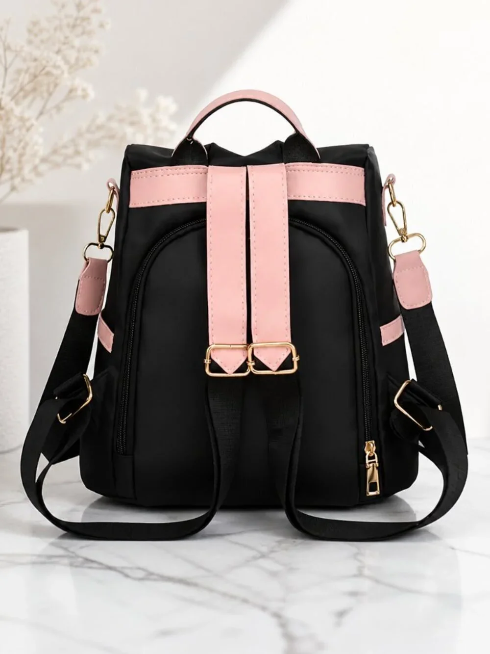 Anti-Theft Convertible Oxford Nylon Backpack Black Pink Cat Charm 3-Way Carry